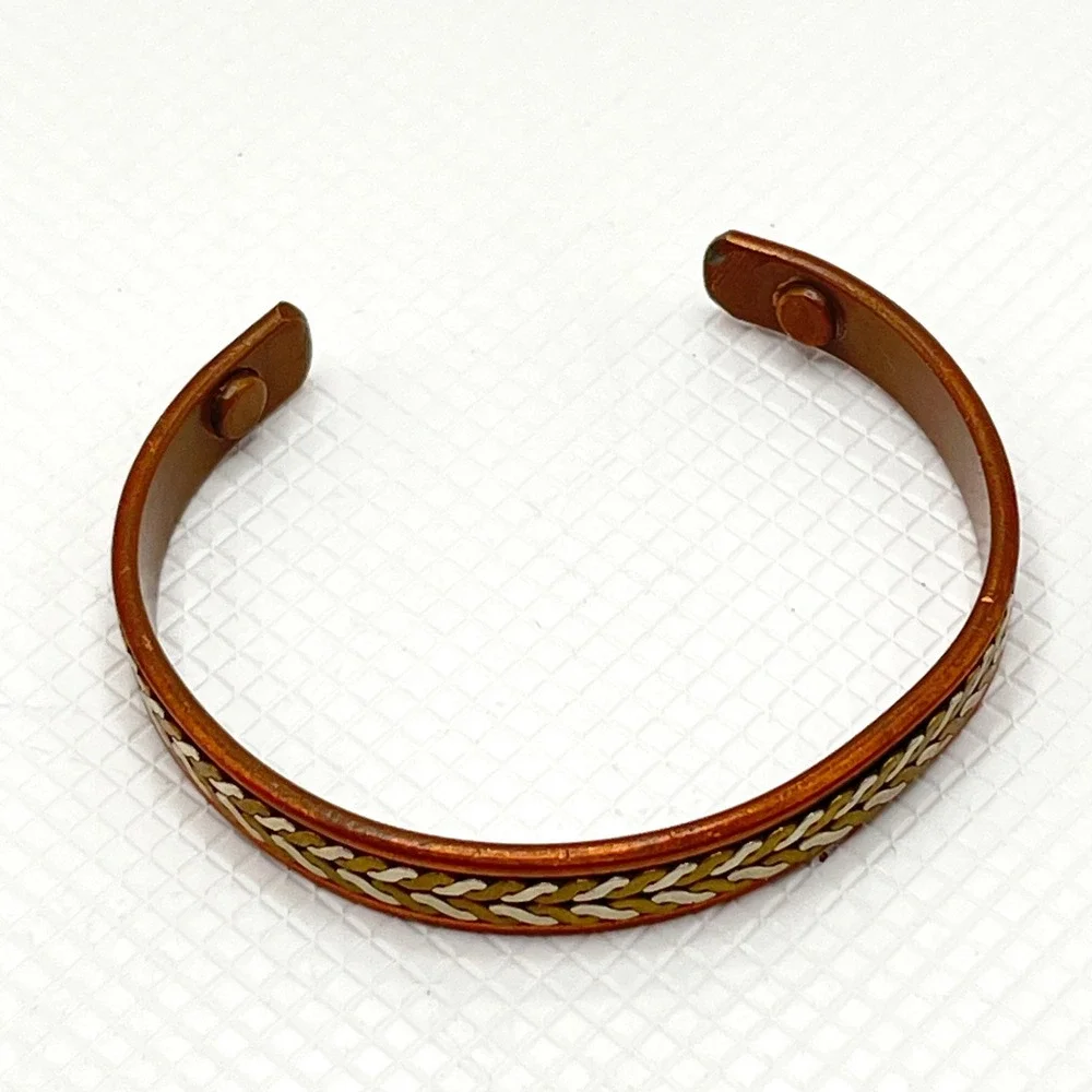 Vintage Copper Tri-Tone Braided Rope Cuff Bracelet w/ Gold and Silver Tone